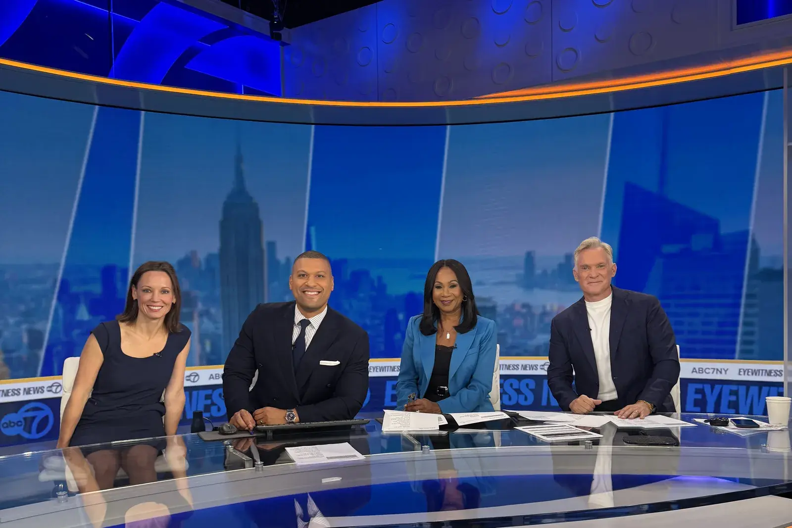 Dr. Nicki Byrne, Pedro Rivera, Sandra Bookman and Sam Champion at the ABC7 Eyewitness News anchor desk in New York.
