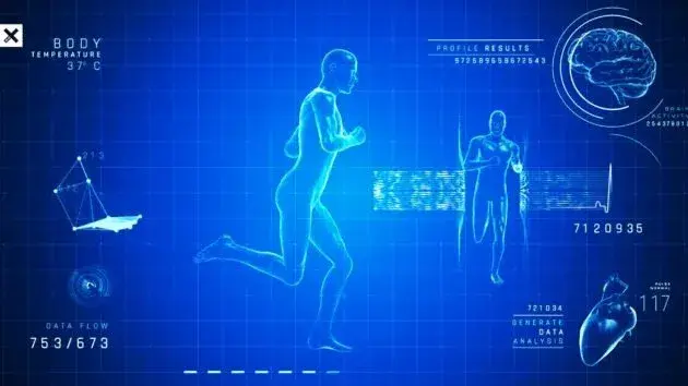Illustration of a human figure surrounded by health data readouts